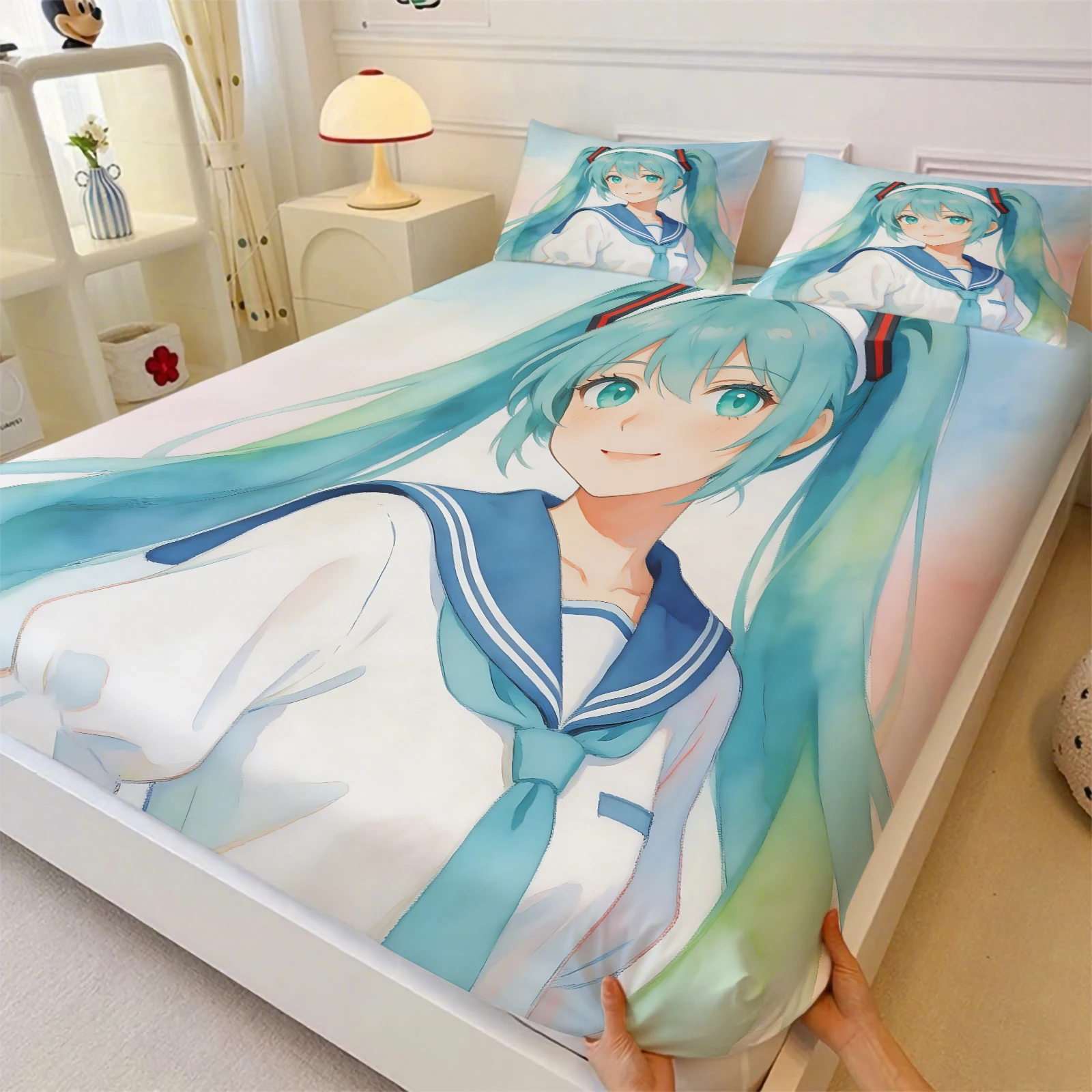 Hatsune Miku Futuristischer Tech-Anzug Spannbettlaken-Set Anime Sci-Fi Bettbezug mit Kissenbezügen Tiefe Taschen Fan-Zimmer-Deko Geschenk – Detail 7