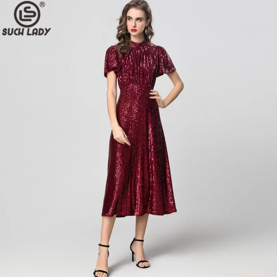 

Women's Dress O Neck Short Sleeves Sequined High Street Fashion Casual Vestidos