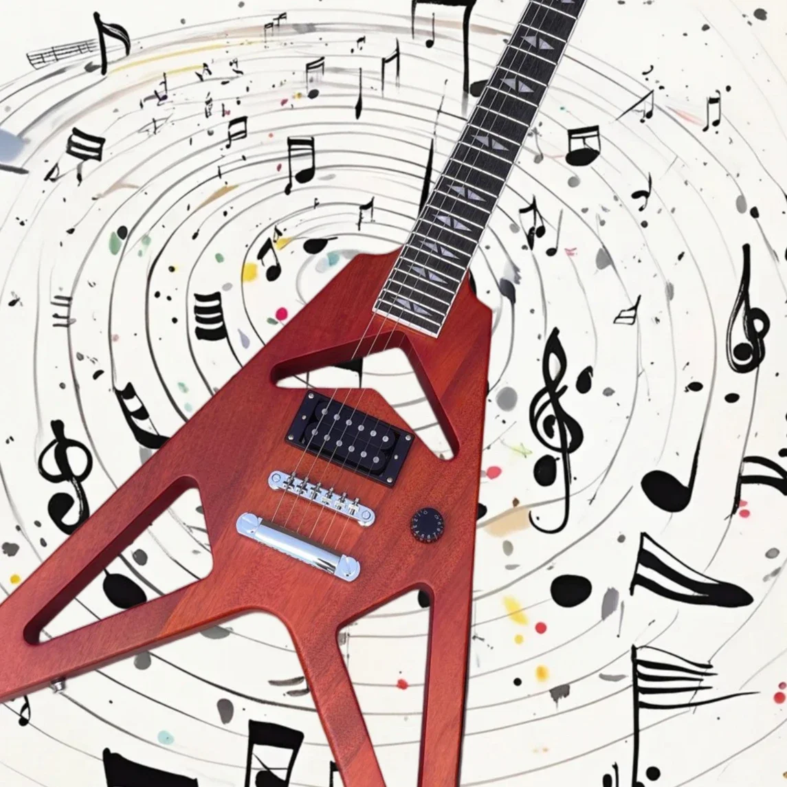 Free Shipping 6 String V  Electric Guitar Hollow Cutout Red Wood Finish H EQ Sharp Metal Tone Band Show Collectible Present