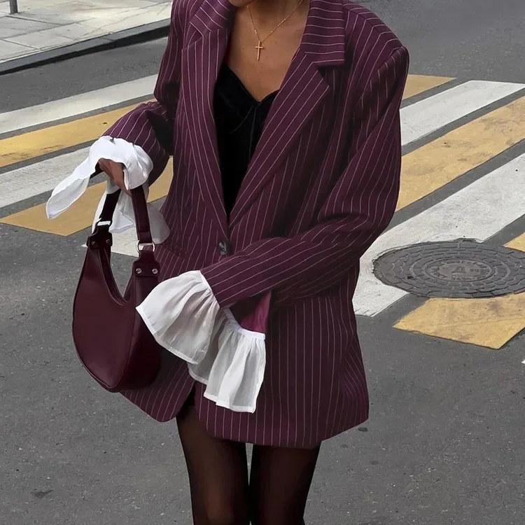 2025 Winter New Loose Burgundy Luxury Blazer Women Clothing Long Sleeve Striped Blazers Elegant Women Coat Causal Outerwears