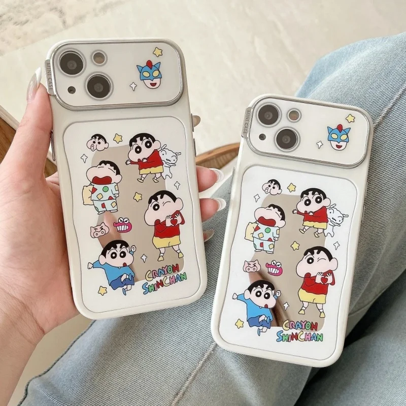

Cute comic Cartoon Crayon Shin -chan daily life Make Up Mirror Phone Case For iPhone 13 14 15 16 Pro Max Anime Shin -chan Cover