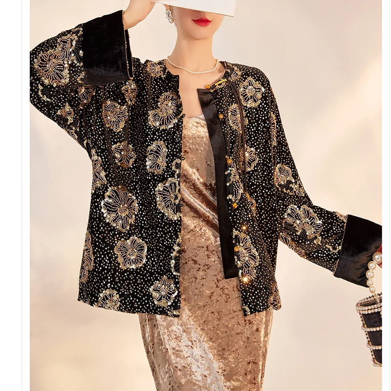 2024 New Chinese Style O-Neck Exquisite Beading+ Embroidery Brilliant and Dazzling Design Sense Luxury Coat for Women S-L