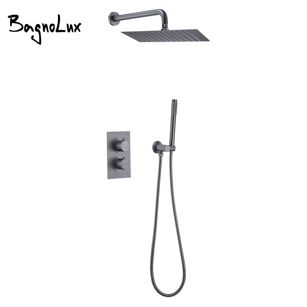 Gunmetal Thermostatic Faucet Diverter Set Bath 8-12 Square Rainfall Shower Head Combo Bathroom Mixer Set Wall Mounted Tap