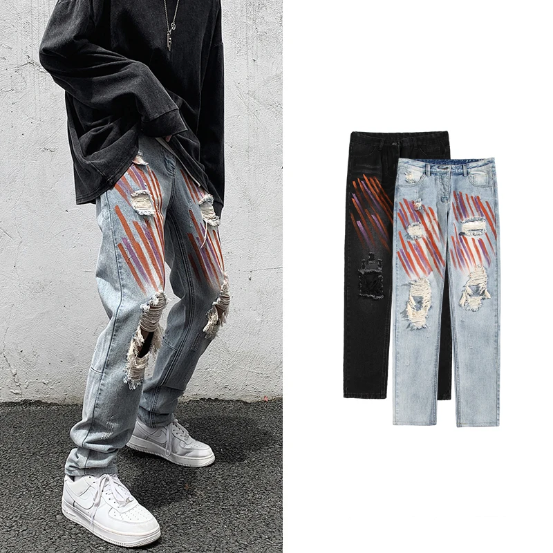 

Американские джинсы в стиле хип-хоп, рваные, зауженные, модные, молодежные, повседневные, длинные брюки с эффектом потертости