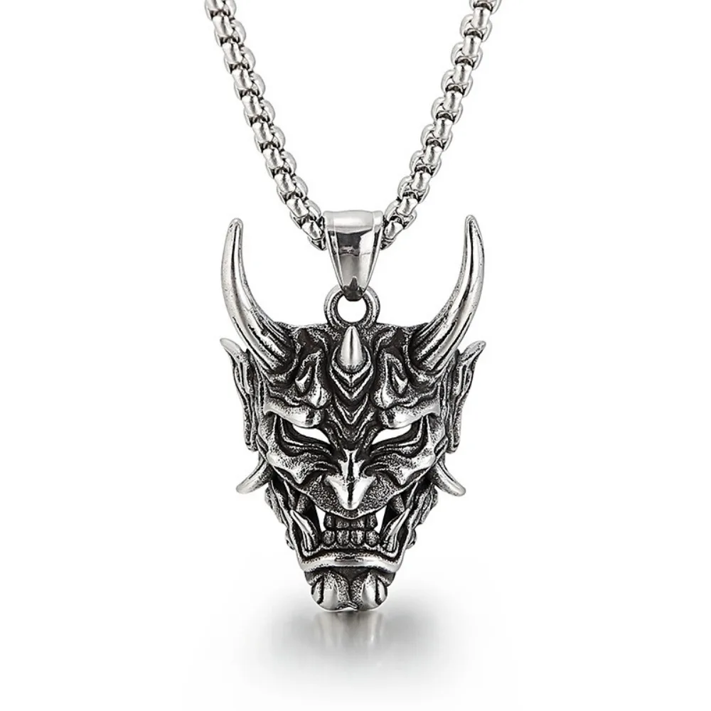 New Vintage Punk Demon Mask Japanese Samurai Ghost Pendant Necklace Men\'s Jewelry Women\'s Long Chain Hip Hop Rock Party Necklace