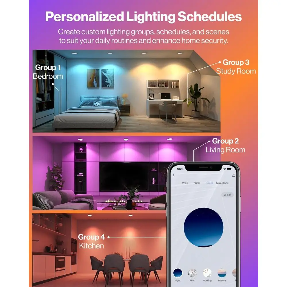 Pacote com 4 Luminárias LED Embutidas de 6 Polegadas, Luzes Inteligentes RGBW com Mudança de Cor, Alta Luminosidade 1200 LM, 14W, Instalação Retrofit, Compatível com Wi-Fi