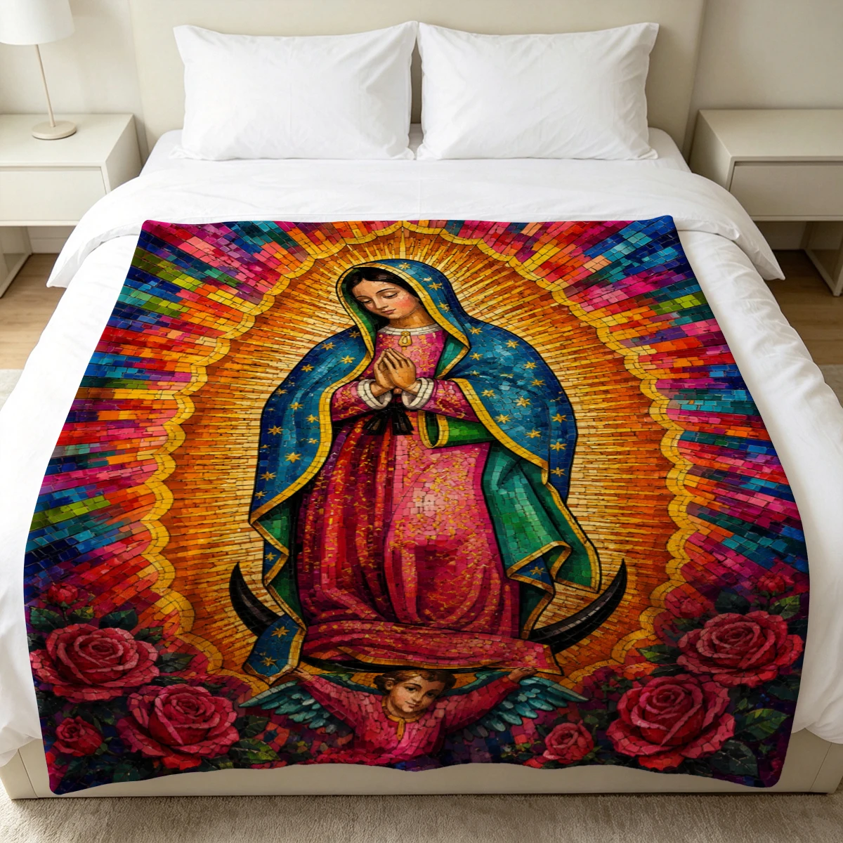 Mosaic Virgin Mary Soft Fluffy Flannel Blanket Super Cozy Lightweight Bed Blanket for Halloween Sofa Bed Christmas Decor