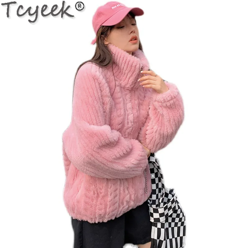 Tcyeek, Chaqueta de lana de 100%, ropa para Mujer, Abrigo de piel de oveja, Abrigo de piel con cuello levantado, chaquetas de piel para Mujer de invierno, Abrigo para Mujer 2024