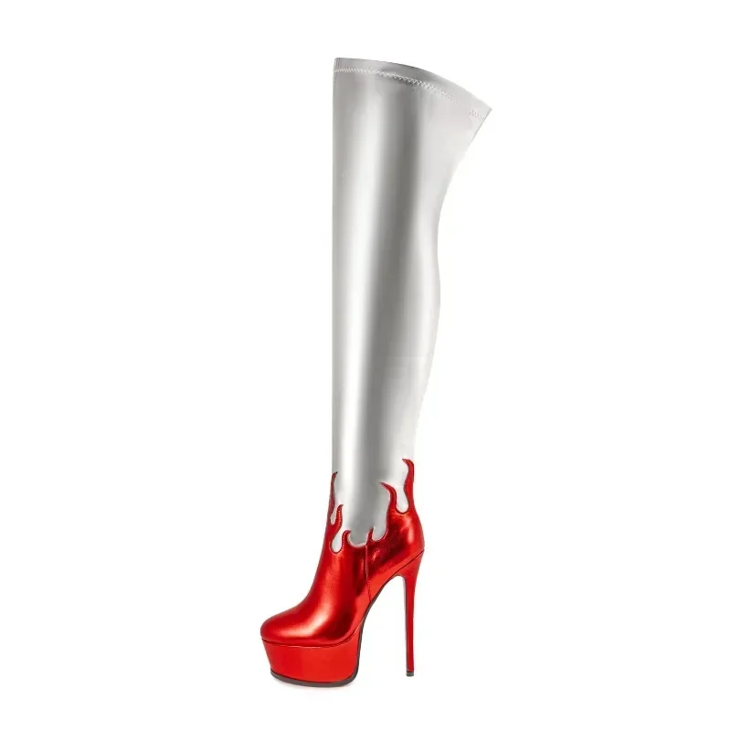 European and American Night Style Big Round Head Super High Heel Water Platform Sexy Flame Elastic Plus Size Knee Boots