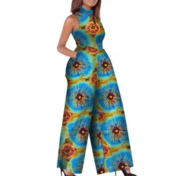 Summer Sleeveless Jumpsuits Women African Wax Print Bazin Riche Cotton Long Pants Wide Leg Pants Lady Casual Romper  Elegant