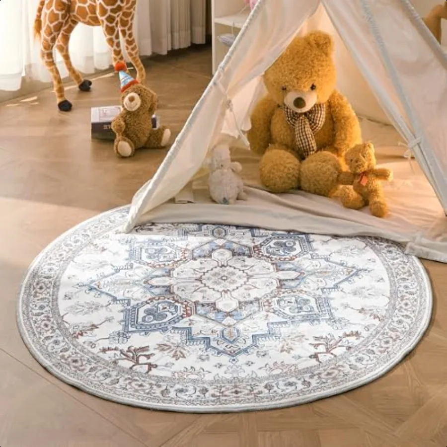 

Soft Round Rug 4ft Neutral Washable Circle Rug 4ft with Non Slip Backing Play Room LowPile Carpet 4 ft Small Faux Cashmere Thro