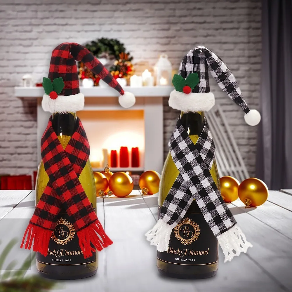 Table Decorations Christmas Wine Bottle Cover Xmas Gift Christmas Decoration Xmas Hats Scarf Red Black Mini Christmas Hat