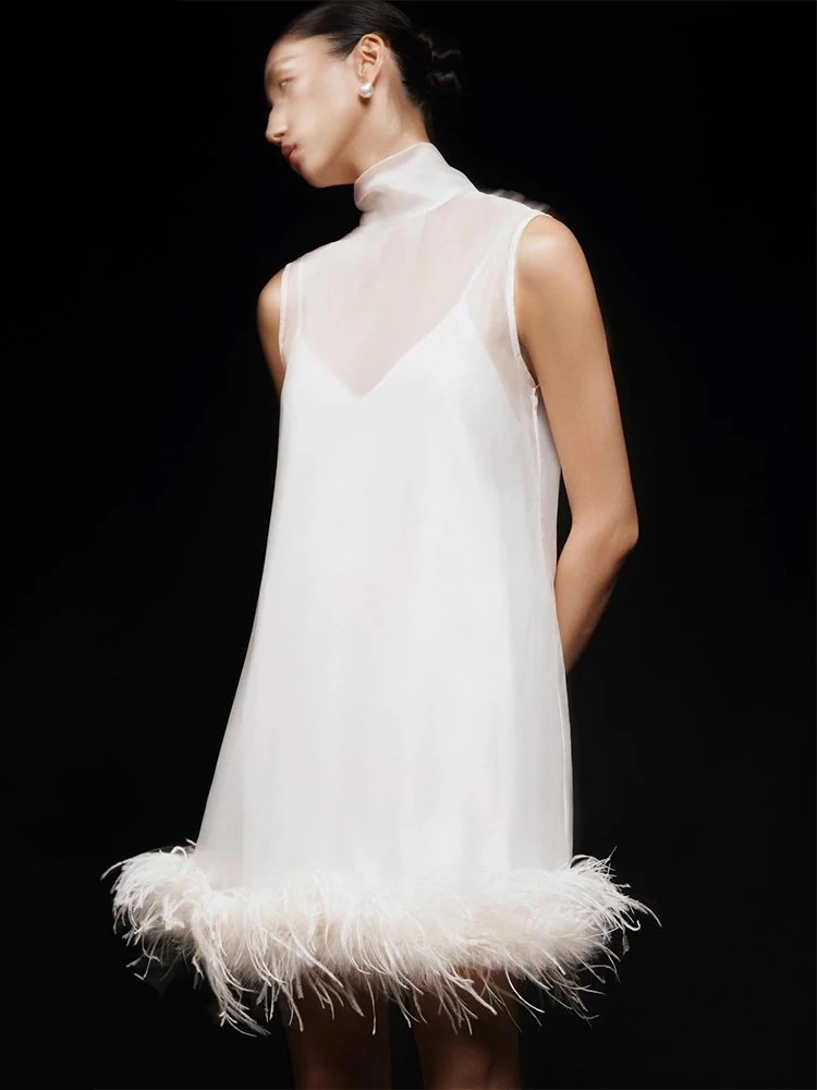 2025 Sexy Turtleneck Sleeveless Feathers Patchwork Mini Dress Women White Backless Lace-up Loose Dresses Elegant Evening Party