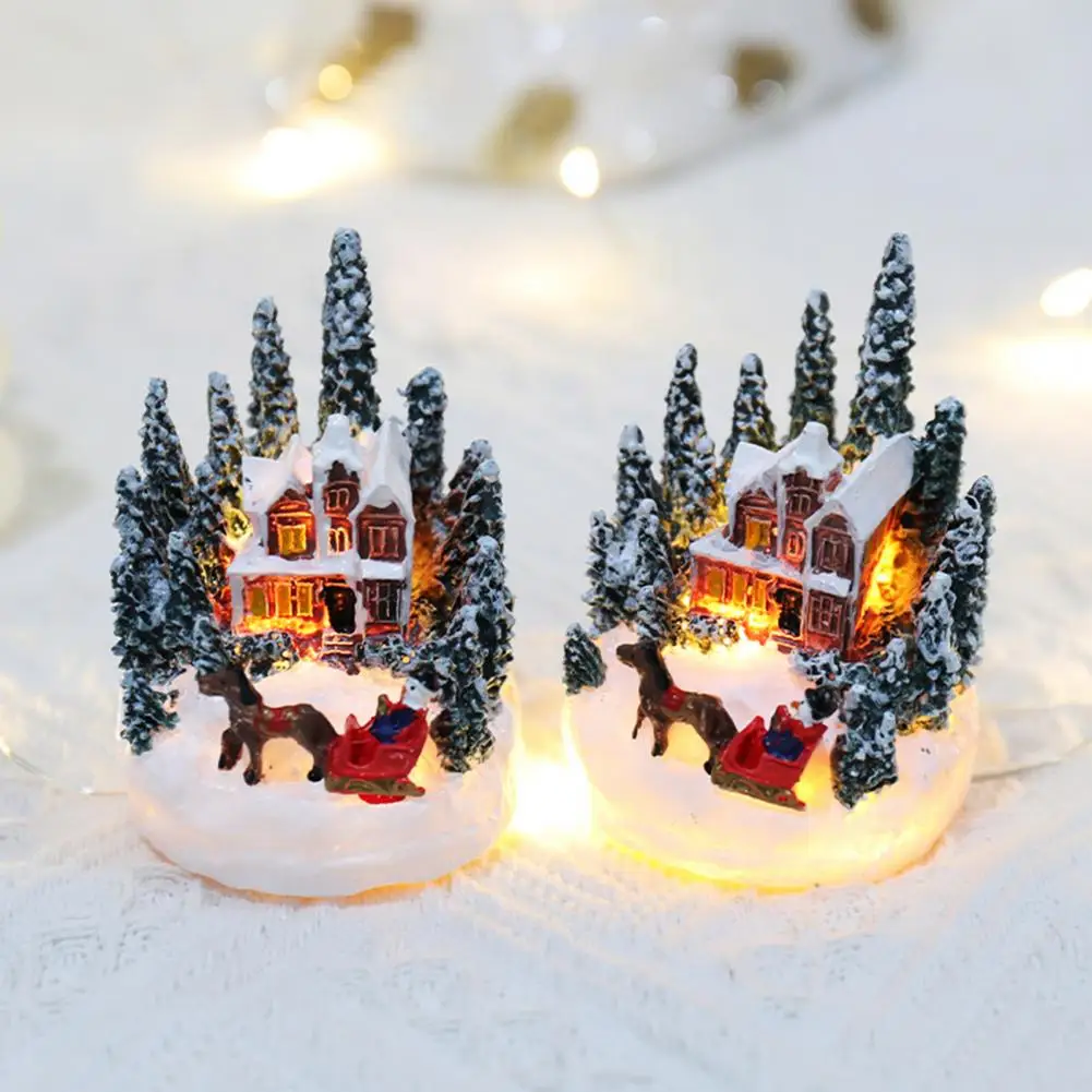 Christmas House Ornament Micro Landscape LED Light Resin House Xmas Railroad House Model Create Atmosphere Home Decoration