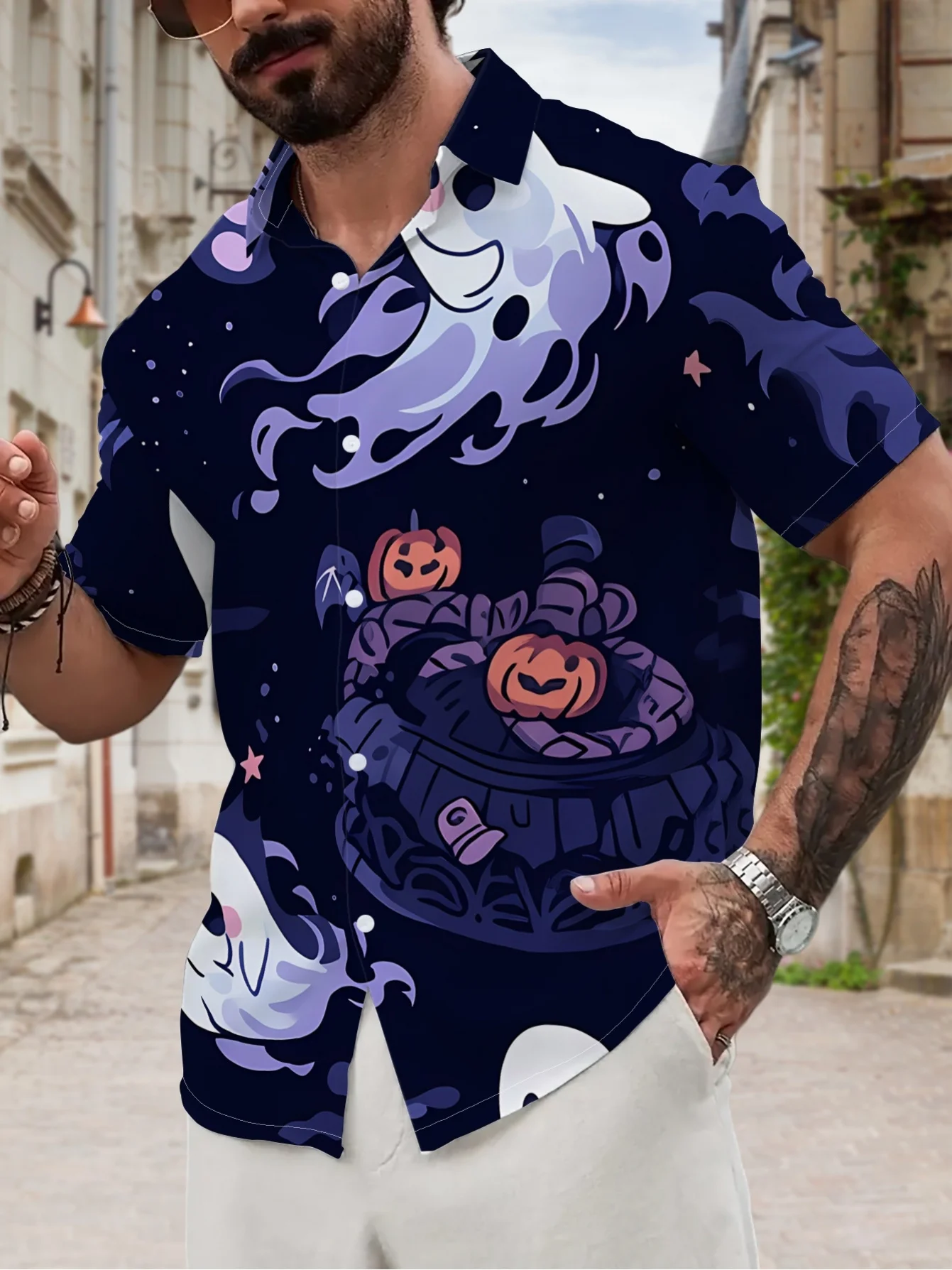 Men's Shirt Halloween Ghost Pumpkin Cauldron Print Dark Base Short Sleeve Turn Down Collar Holiday Party Casual Mens Clothing