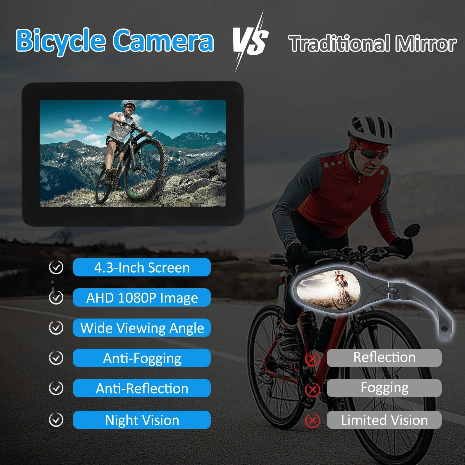 1080P Rechargeable Bicycle Rear View Camera Handlebar Bike Mirror with 4.3'' Monitor Night Vision 150° Wide Angle View