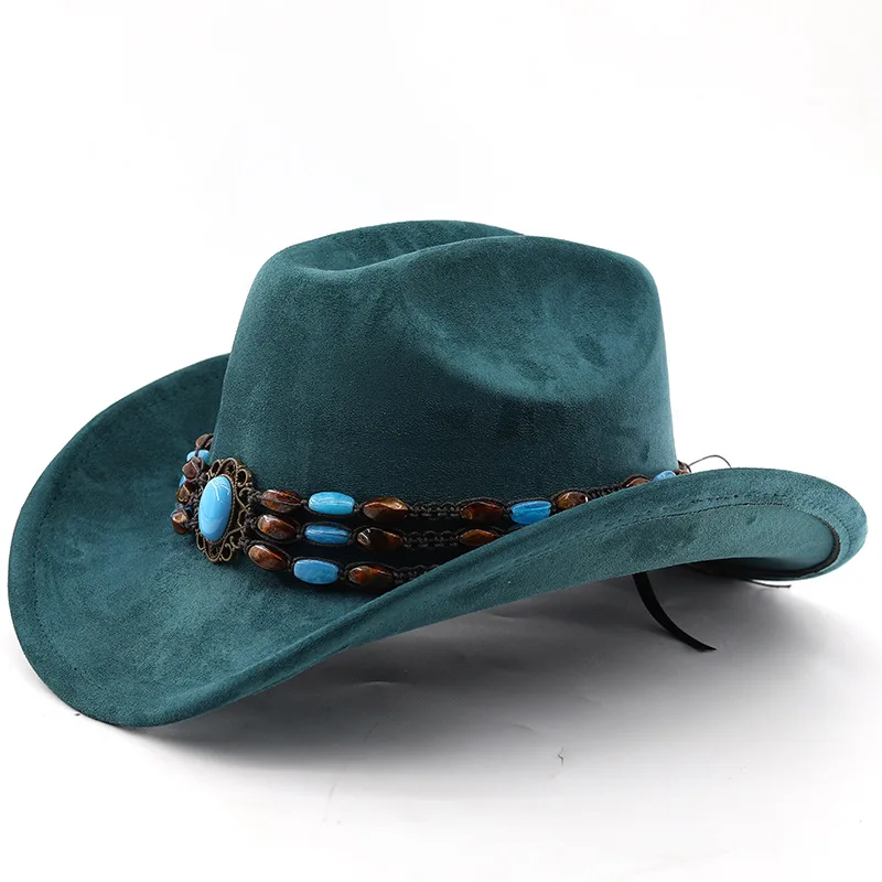Western-Cowboyhut aus Wildleder zum Reiten für Männer und Frauen, Outdoor-Reisehut mit gerollter Krempe, Zylinderhut im Ethno-Stil, Filzhut – Detail 16