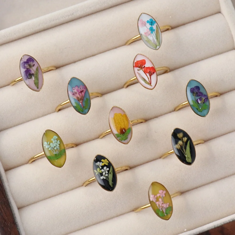 Retro Charm Oval Stainless Steel Floral Creative Handmade Glue-Dipping Dried Flowers Adjustable Ring For Women Boho Jewelry