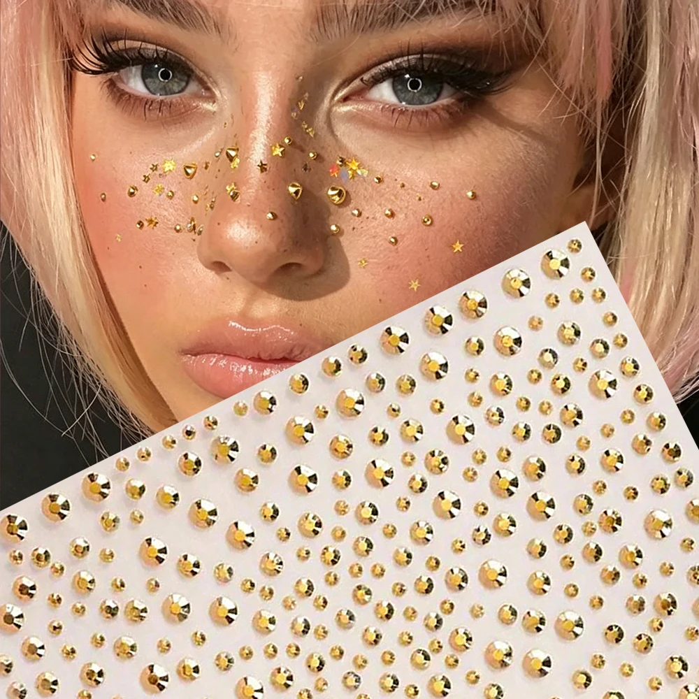 1Pcs 3D Gold Rivet Face Diamond Gem Sticker Y2k Gold Mining Rhinestone Tattoo Sticker for DIY Eyes Face Body Makeup Jewelry Deco