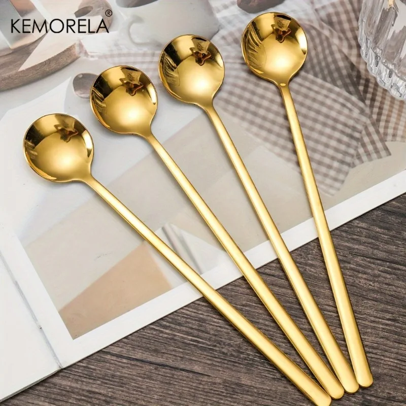 4PCS Golden/Silver Stainless Steel Long-Handled Spoon Coffee Stirring Tea Spoon Versatile Kitchen Utensils for Home Entertaining