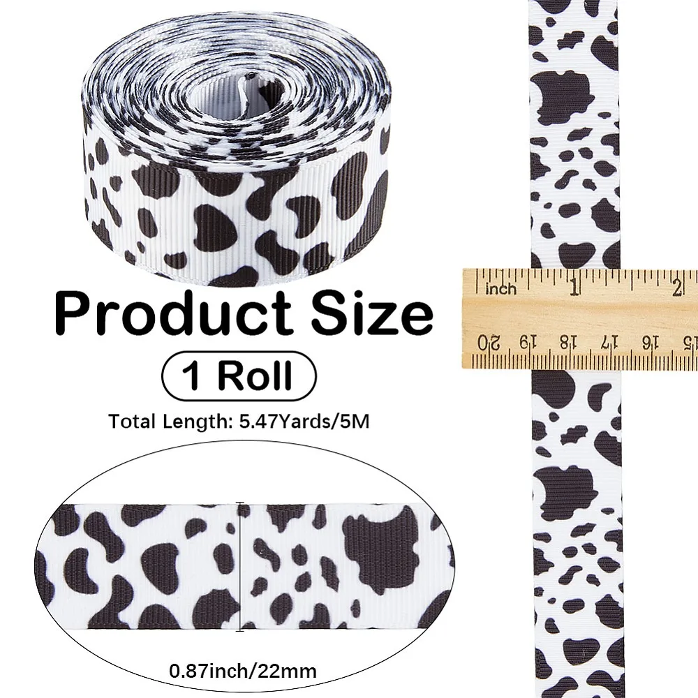 Polyester Grosgrain Ribbons Garment Accessories Cow Pattern Black 7/8 inch(22mm) 5.47 Yards(5m)/Roll