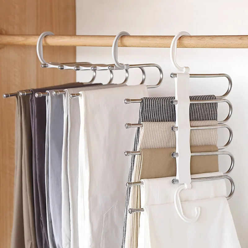 5 Layers Magic Foldable Pants Rack,Stainless Steel Multi-Tier Hanging Rack for Wardrobe Storage,Adjustable Closet Organizer