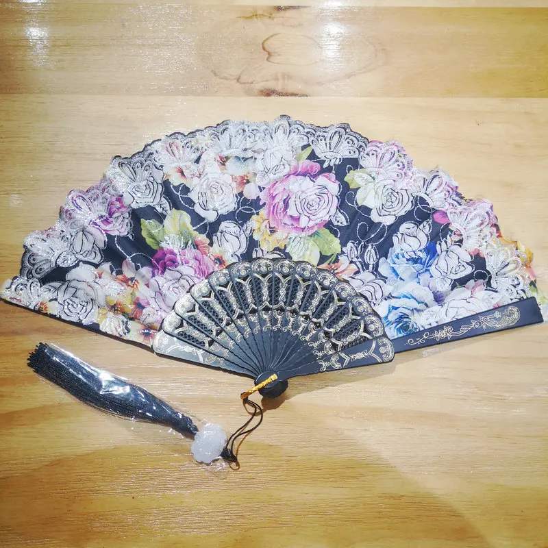 Chinese Retro Style Silver Stamp Rose Pattern Folding Fans With Tassels Dersign Black Dancing Fan Hanfu Tang Qipao Accessories