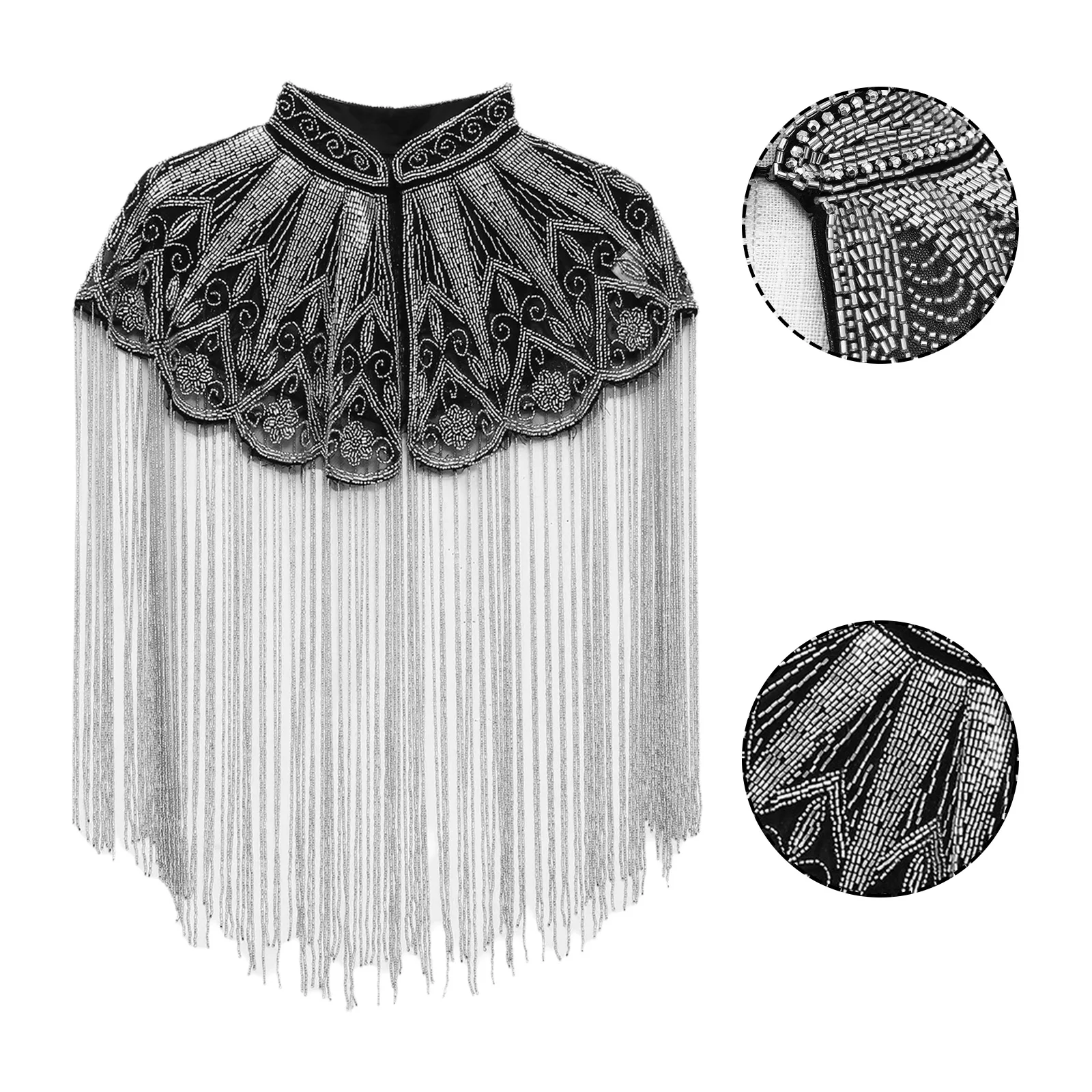 Women 1920s Vintage Shawl Sequin Beaded Tassel Flapper Evening Cape Wrap Cloak Halloween Theme Party Carnival Wedding Costume