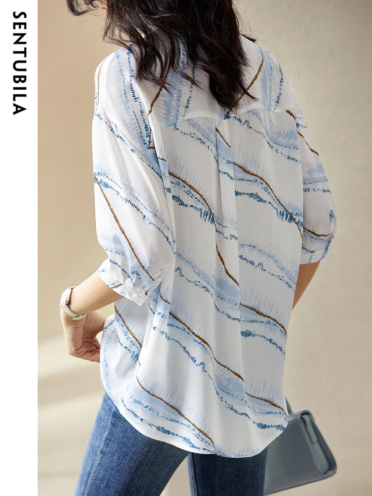 SENTUBILA Casual Loose Chiffon Blouse Shirts for Women 2024 Summer V-Neck Three Quarter Sleeve Single Breasted Fashion Shirts