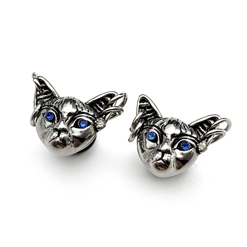 

1PC Gothic Punk Sphynx Hairless Cat Head Stud Earrings For Women Men Stainless Steel Silver Color Blue Rhinestones Jewelry Gift