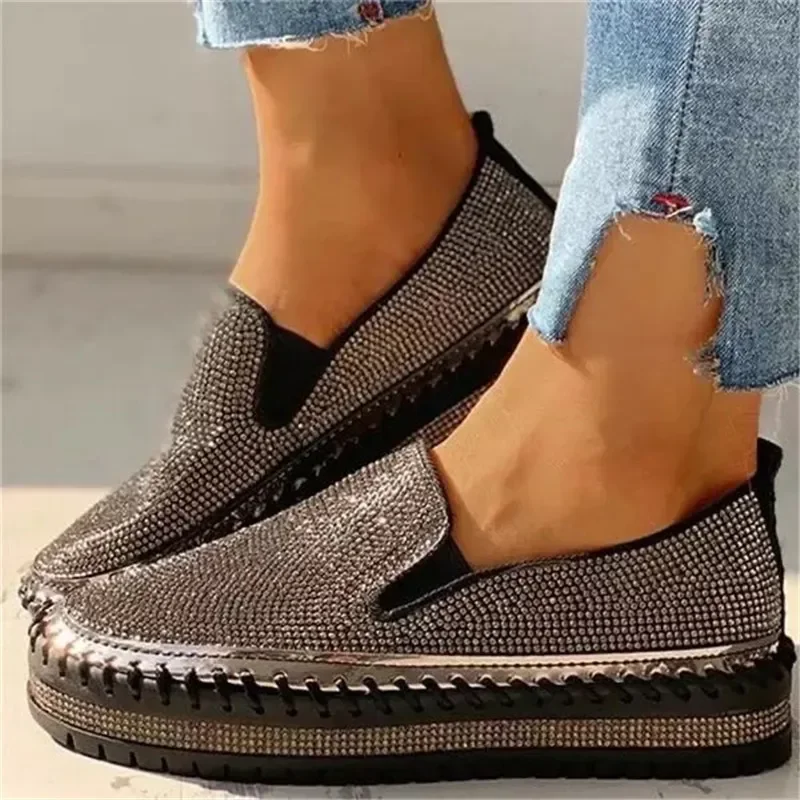 Zapatillas de deporte planas con lentejuelas para mujer, zapatos informales de malla con cordones, lentejuelas finas de diamante, suela gruesa,