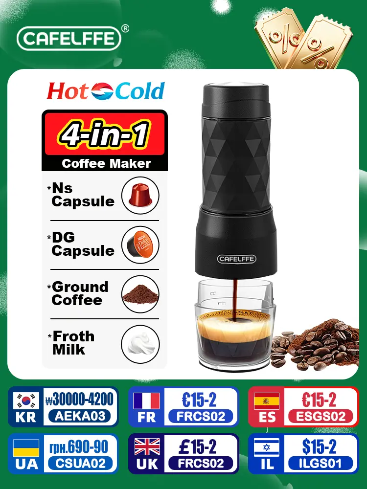 Cafelffe 3 em 1 máquina de café portátil água quente/fria manual máquina de café expresso para cápsula e imprensa mão moída brewer caminhadas viagem