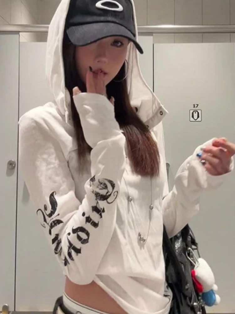

Y2k White Letter Print Punk Top for Women American New Long Sleeved Hooded T-shirts 2025 Summer Thin Sun Protection Coat