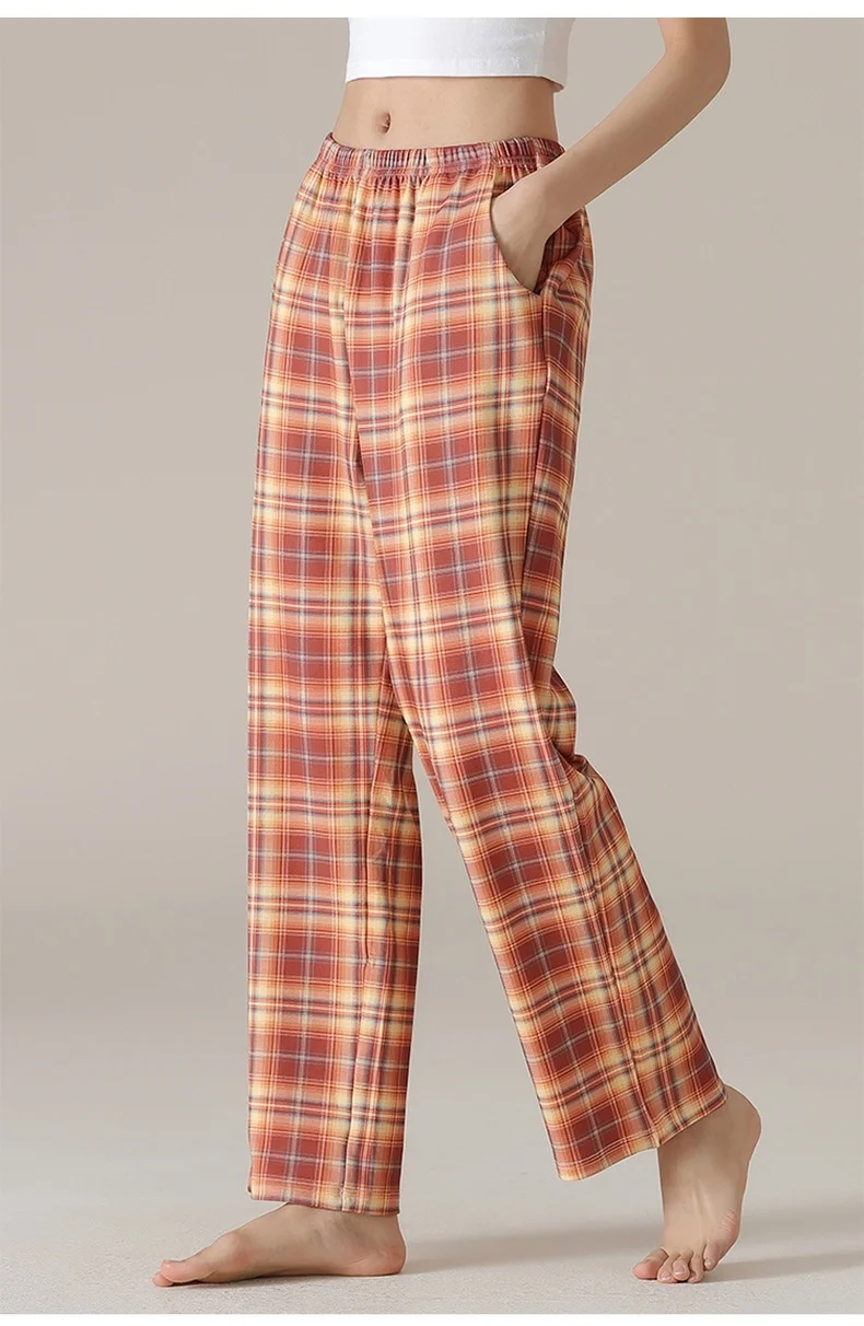 7A Antibacterial Cotton Sleep Pants Women Large Size Casual Loungewear Loose-Fit Pants Wearable Outdoors Plaid Print Versatile.