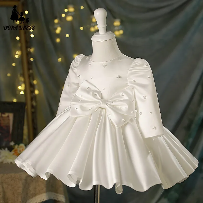 Custom White Satin Long Sleeve Pearl Embellished Big Bow Flower Girl Dress Wedding Gown for First Christmas Kids Party Outfit