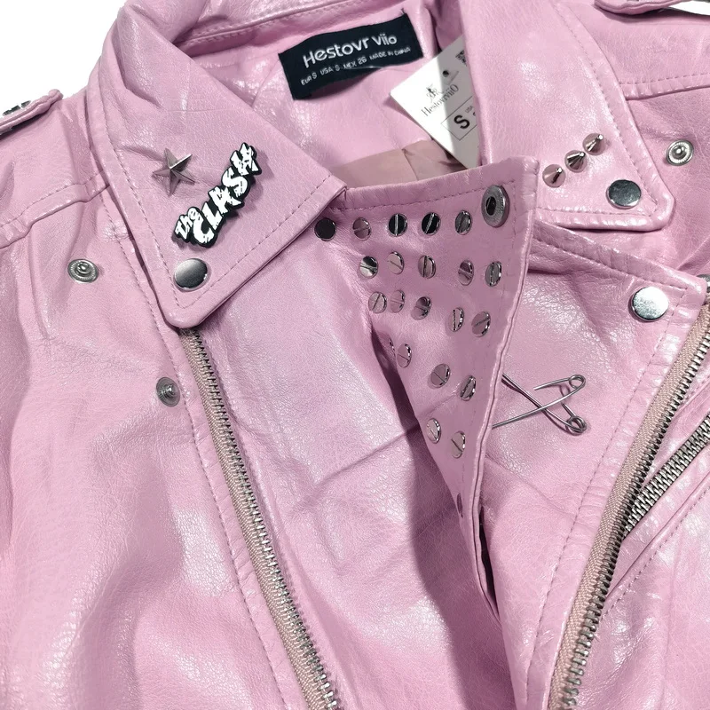 European American Original Handmade Punk Rock Rivet Leather Jacket Badge Pink Oblique Zipper Locomotive Leather Jacket Women