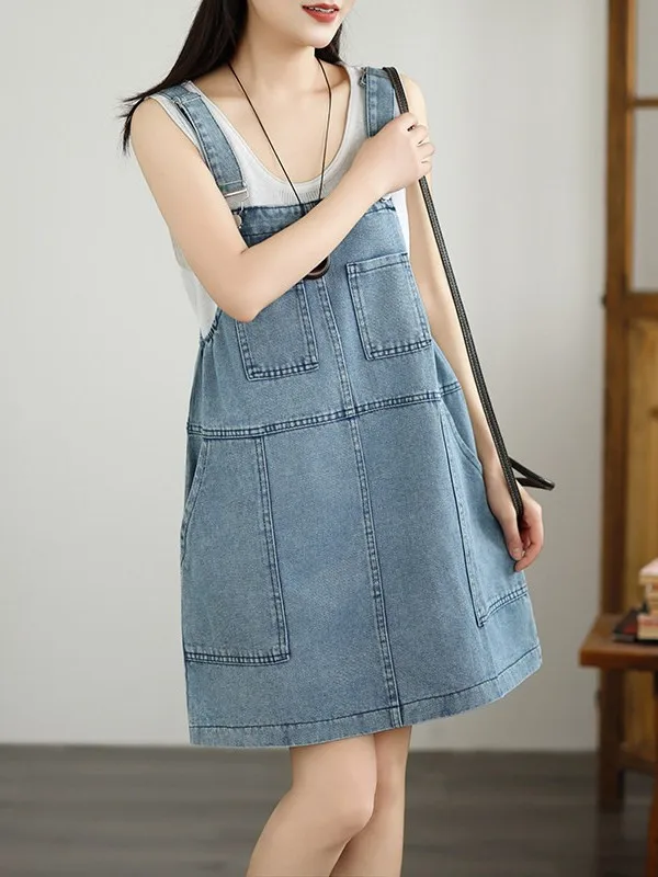 Summer New Style Korean Loose Casual Denim Halter Dress Women's  Size Age Reduction College Style Overall A-Line Dress