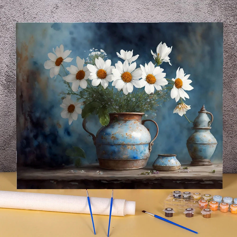 

Vintage Painting By Numbers Daisy Flower Handpainted Kits Canvas Drawing Acrylic Paint With Number Retro Wall Artwork Home Decor