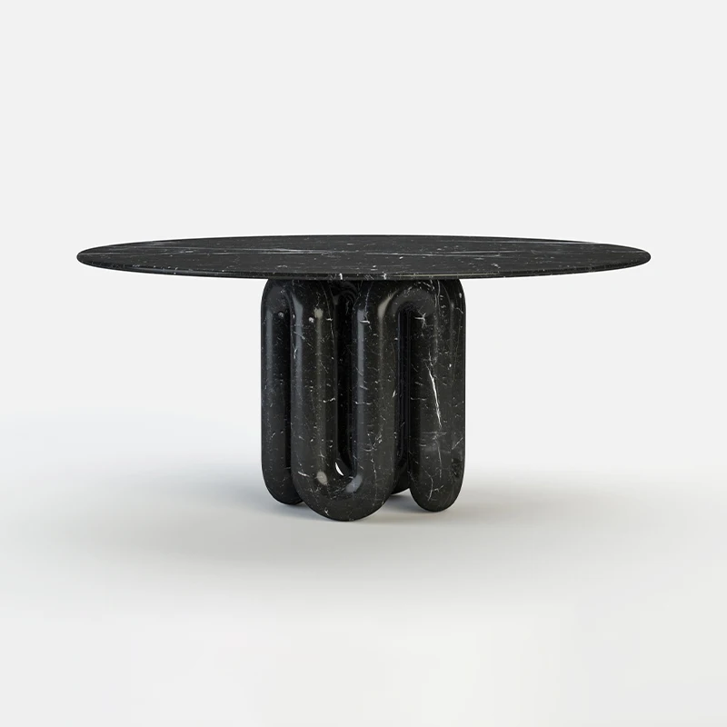 #Dream Home Premium Black Marble Dining Table Round Top Sculptural U-Legs Minimalist Indoor Dining Furniture