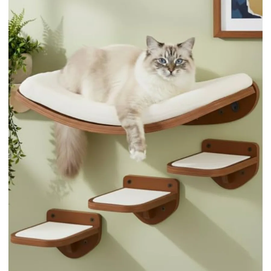 

Indoor cat wall shelves set of 4: birch wood natural finish curved bed steps modern minimalist floating design sturdy wall-moun