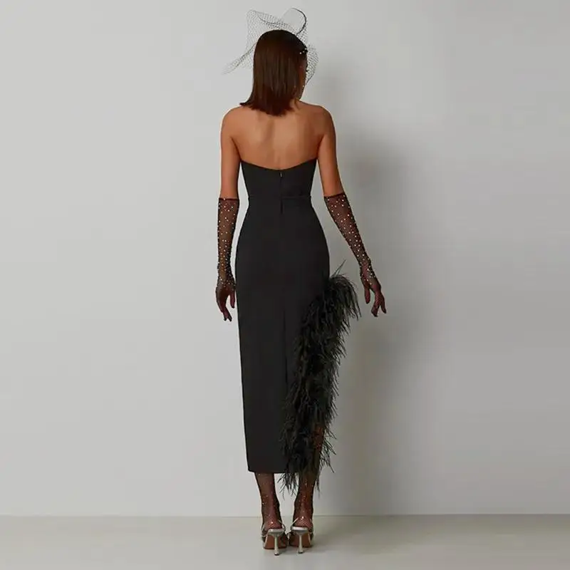 Women's Fashion Strapless Summer Dress Lady Elegant Dress Off Shoulder Natural Ostrich Feather Asymmetric