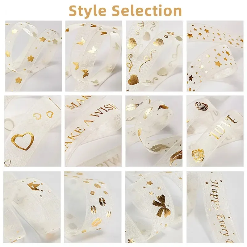 Printed Heart-shaped Star Thin Gauze Ribbon Hot Stamping Gauze Ribbon Used for Gift and Cake Packaging Atmosphere Decoration