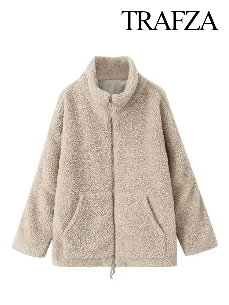 TRAFZA Winter Coat For Women Warm Loose Lamb Wool Coat Lapel Zipper Fly Long Sleeve Jacket Female Casual Vintage Solid Outerwear