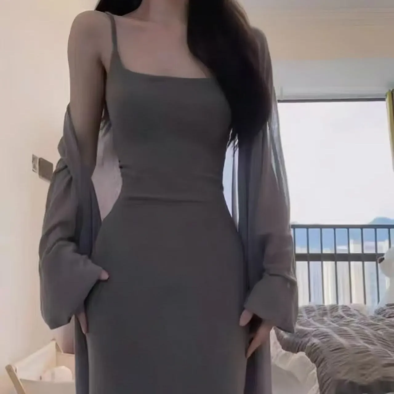 Elegant Women Gray 2pcs Dress Sets Long Sleeve Top and Sleeveless Sheath Dress 2pcs Sets Autumn Commuting Office Suits