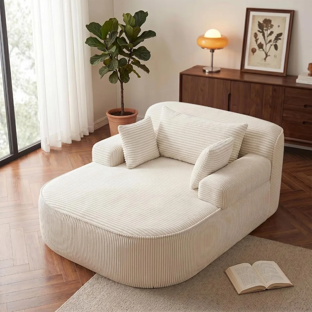 Boneless Chaise Lounge Chair Indoor, Oversized Corduroy Foam Lounger with 3 Pillows, White, Customized