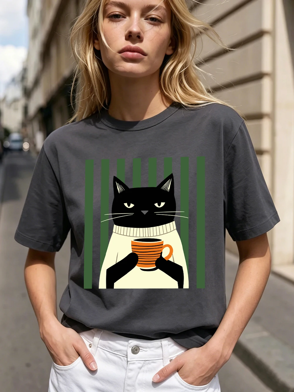 Schwarze Katze Kaffeetassen-Druck Baumwoll-T-Shirts Damen Sommer Oversized Tops Lässige Weiche Kurzarm-T-Shirts Basic O-Ausschnitt Kleidung – Detail 31