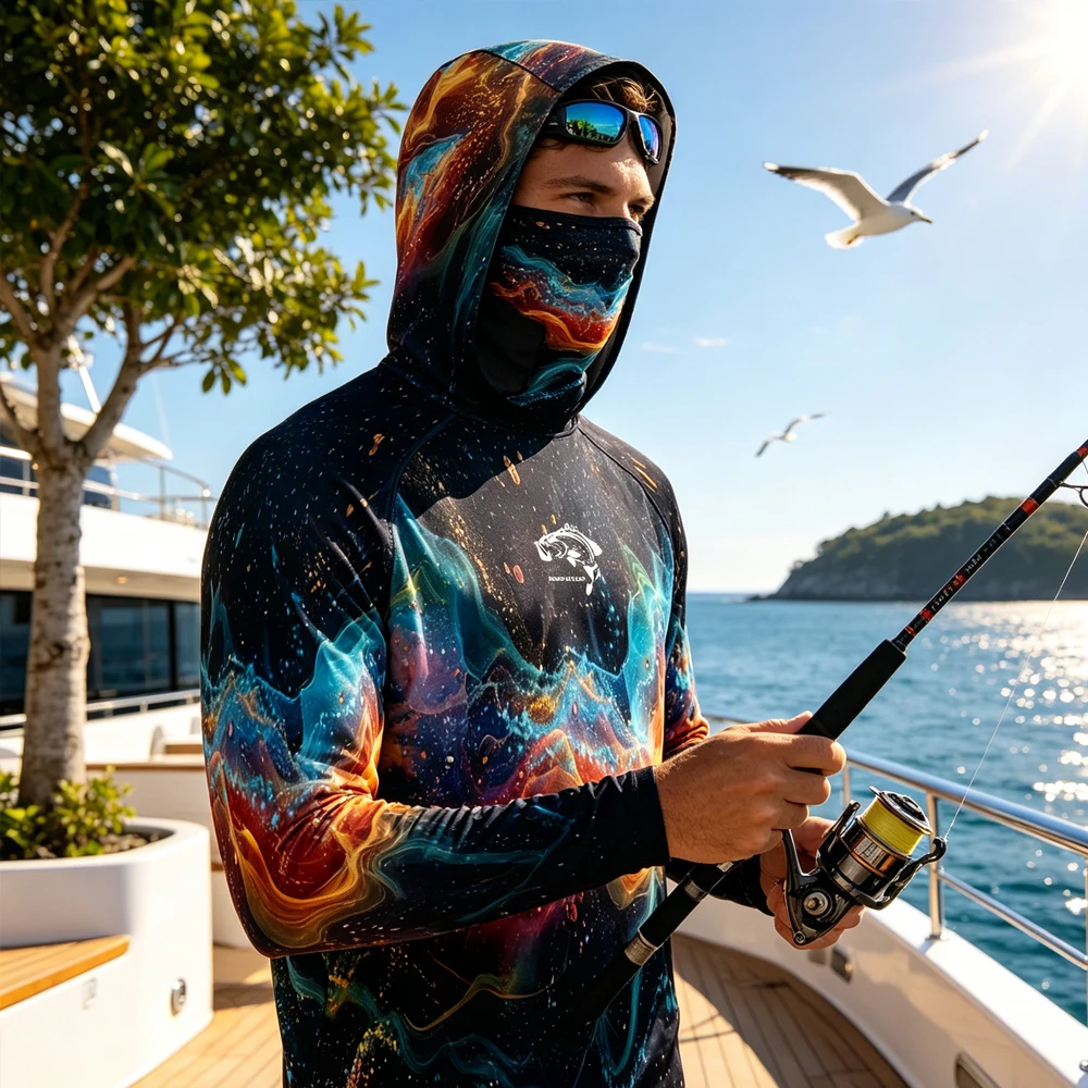 

Outdoor Fishing Hoodie Men Long Sleeve Shirt With Face Mask UV Protection Quick Dry Breathable Summer Camping Fishing Clothing