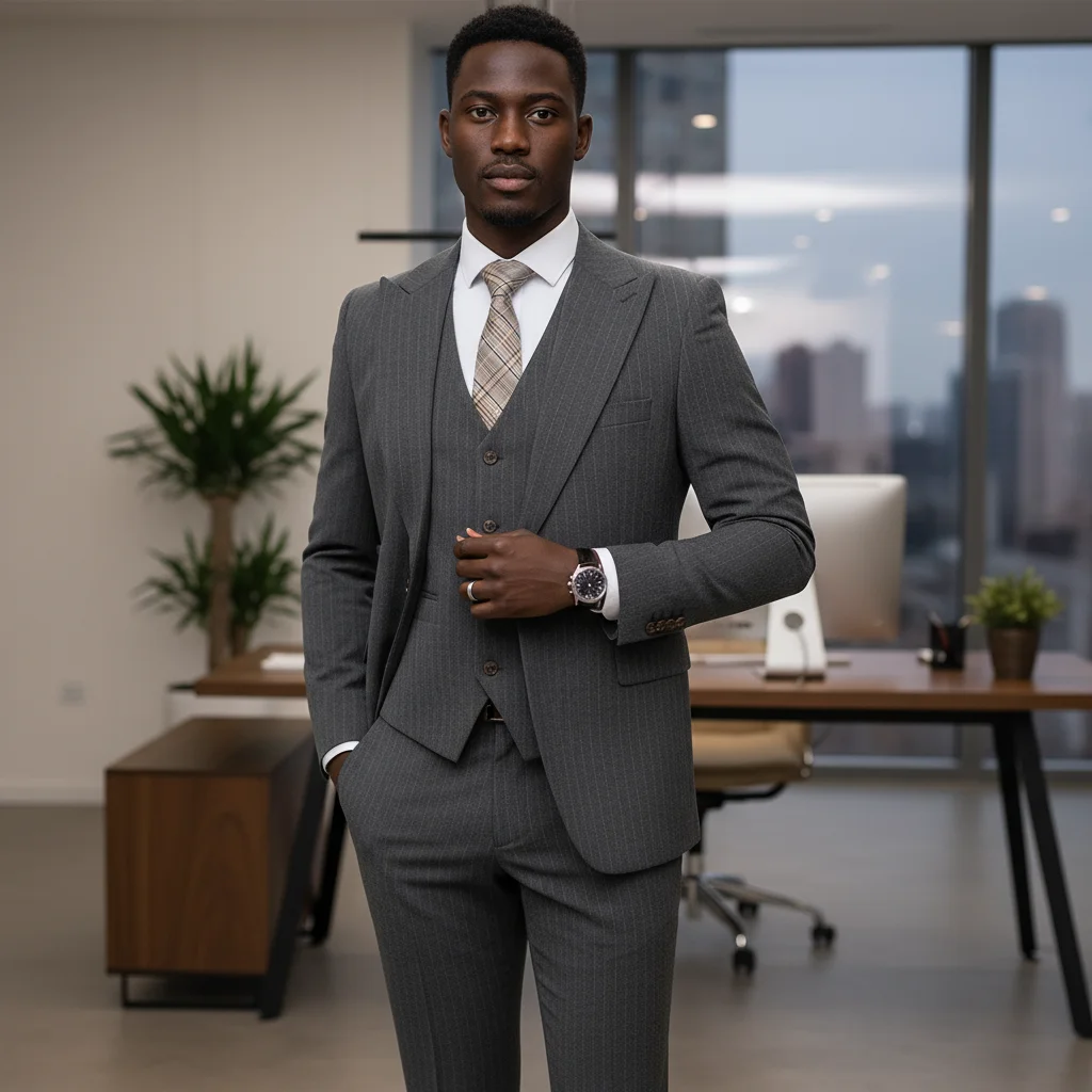 

ST Cassy высококачественный серый полосатый костюм облегающего кроя, роскошный и элегантный мужской деловой костюм, свадебная модная одежда, комплект из 3 предметов