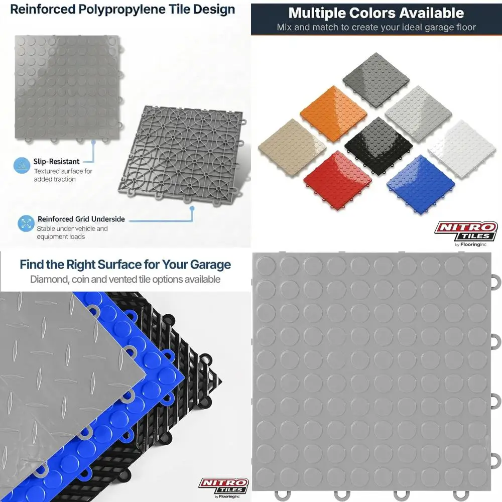 

Плитка для пола в гараже из полипропилена, 12x12 дюймов, усиленная, с монетным узором, нескользящая, соединяется защелкивающимся способом, цвет оружейной стали, 24 плитки, 24 кв. фута