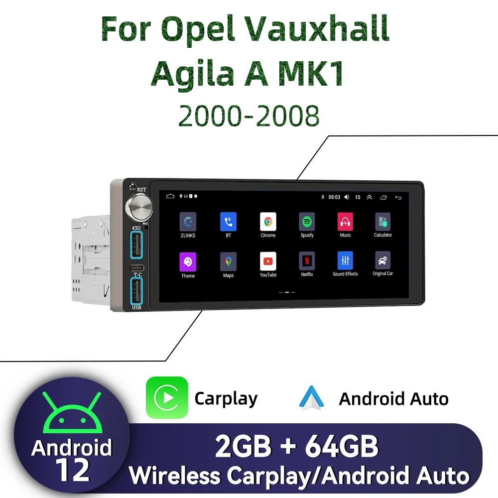 

Carplay 6.86" Screen Multimedia 1 Din Android Car Radio for Opel Vauxhall Agila A MK1 2000-2008 Head Unit Autoradio Stereo GPS